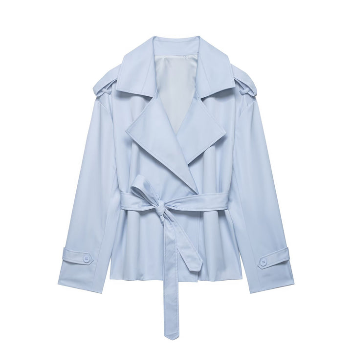 Damen kurzer Trenchcoat mit Taillengürtel, doppelreihiger Front und Schulterklappen Drune