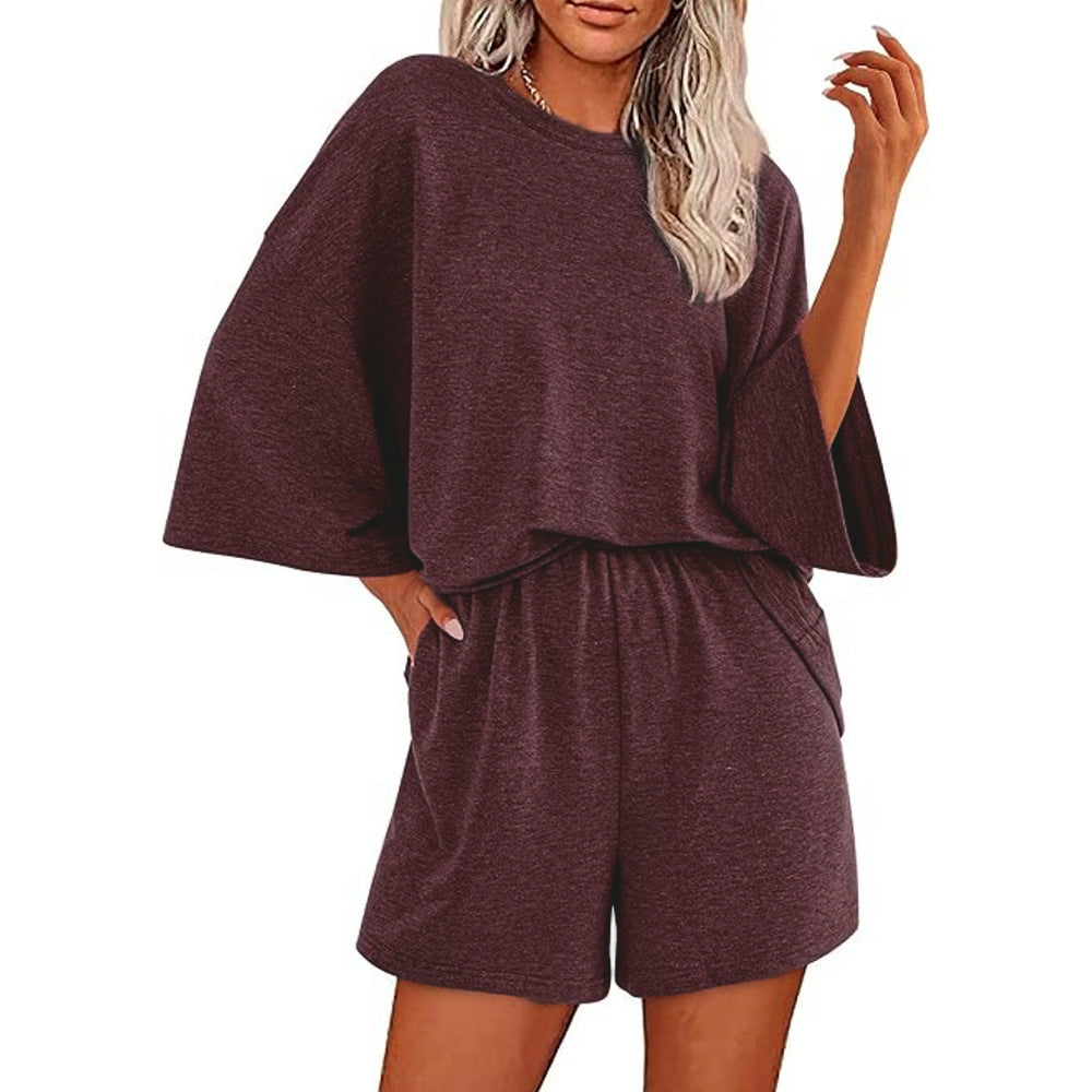 Damen Oversized Fledermaus Kurzarm Lounge Oberteil und Shorts Set mit Elastischem Bund Drune