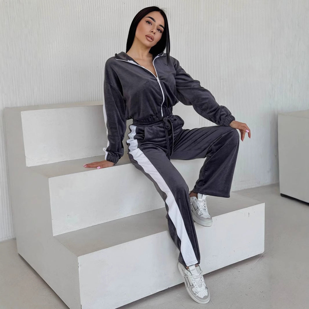 Damen weiches Samt Trainingsanzug Set mit Reißverschlussjacke und elastischer Tunnelzughose Drune