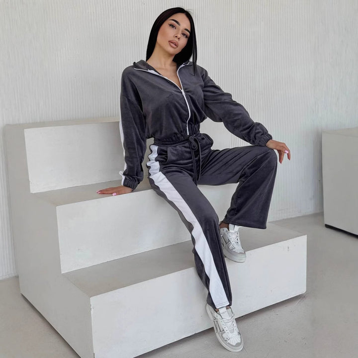 Damen weiches Samt Trainingsanzug Set mit Reißverschlussjacke und elastischer Tunnelzughose Drune