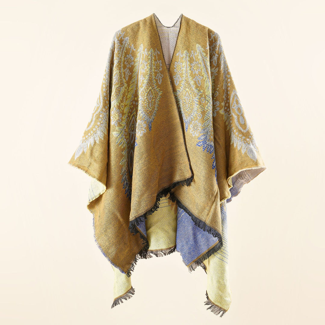 Damen Reversibler Jacquard-Wickelponcho im Oversize-Kaftan mit Fransensaum Drune