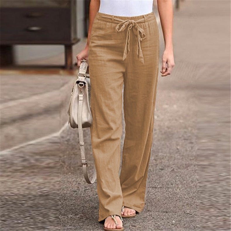 Damen bequeme Leinenhose mit elastischem Bund und verstellbarem Bindegürtel Drune