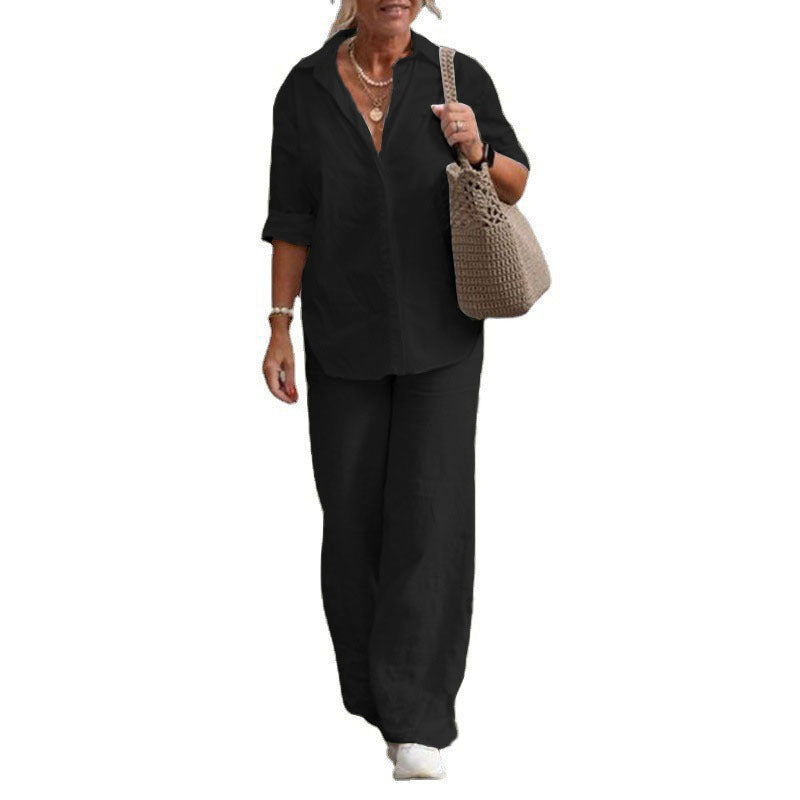 Damen Leichtes Leinen-Optik Zweiteiler mit Oversize-Hemd und weiter Palazzohose Drune