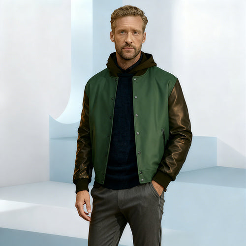 Herren Varsity‑Bomberjacke im College‑Stil mit Wollkörper und Lederärmeln Drune