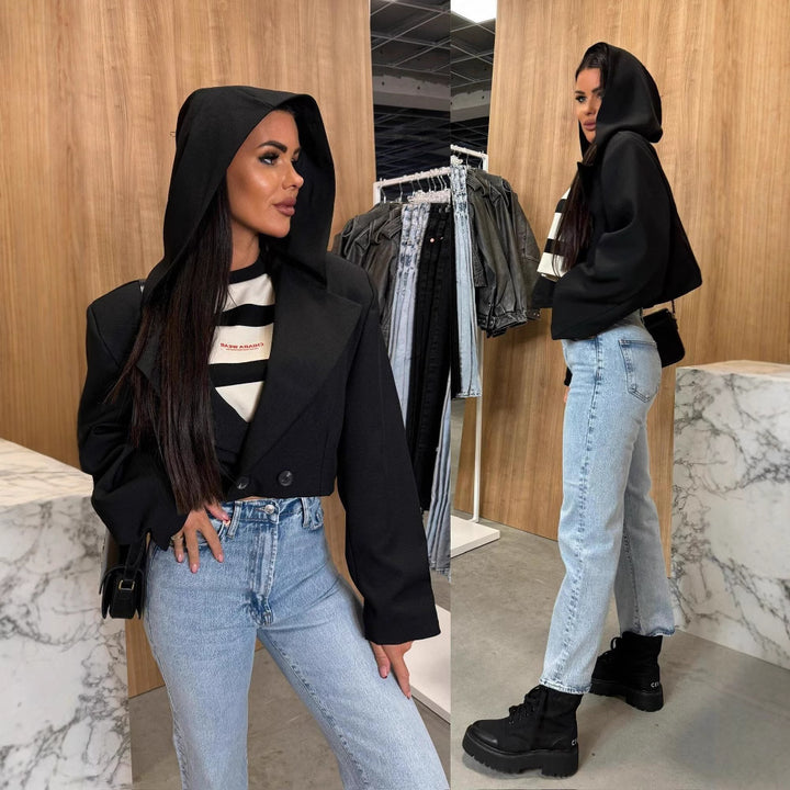 Damen Modische Jacke mit Kapuze und doppelter Knopfleiste Drune