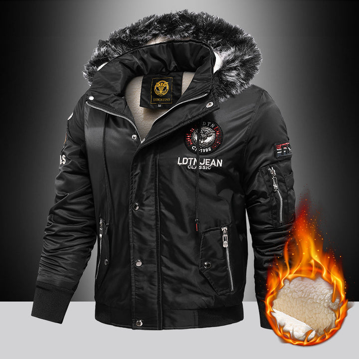 Herren nan wattierte Thermo-Bomberjacke mit Sherpa-Innenfutter, abnehmbarer Kunstfellkapuze und wasserabweisender Nylonaußenhülle Drune