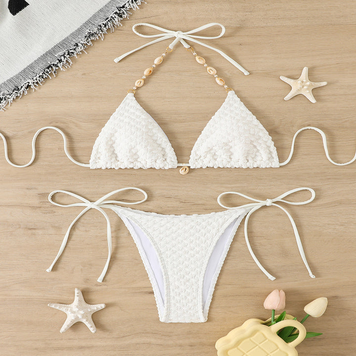 Damen geflochtener Bikini mit dekorativen Perlen Drune