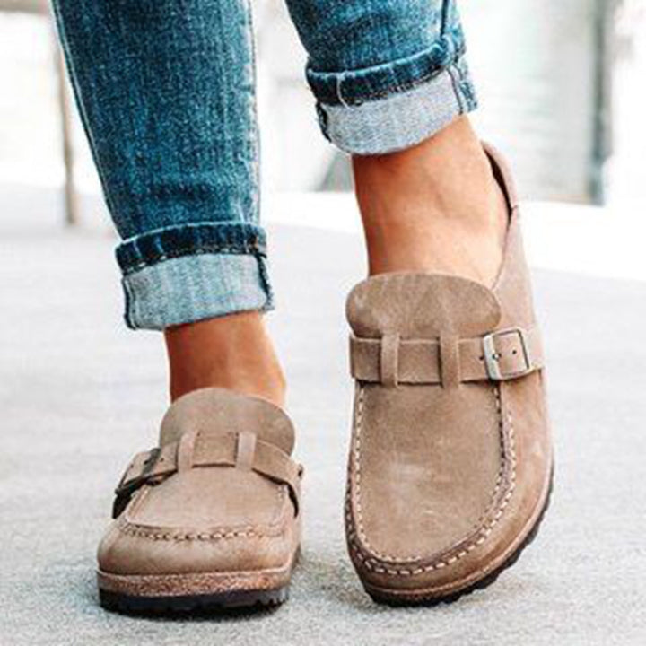 Damen Mokassin-Mule mit verstellbarer Schnalle und Kork-Plateau Drune