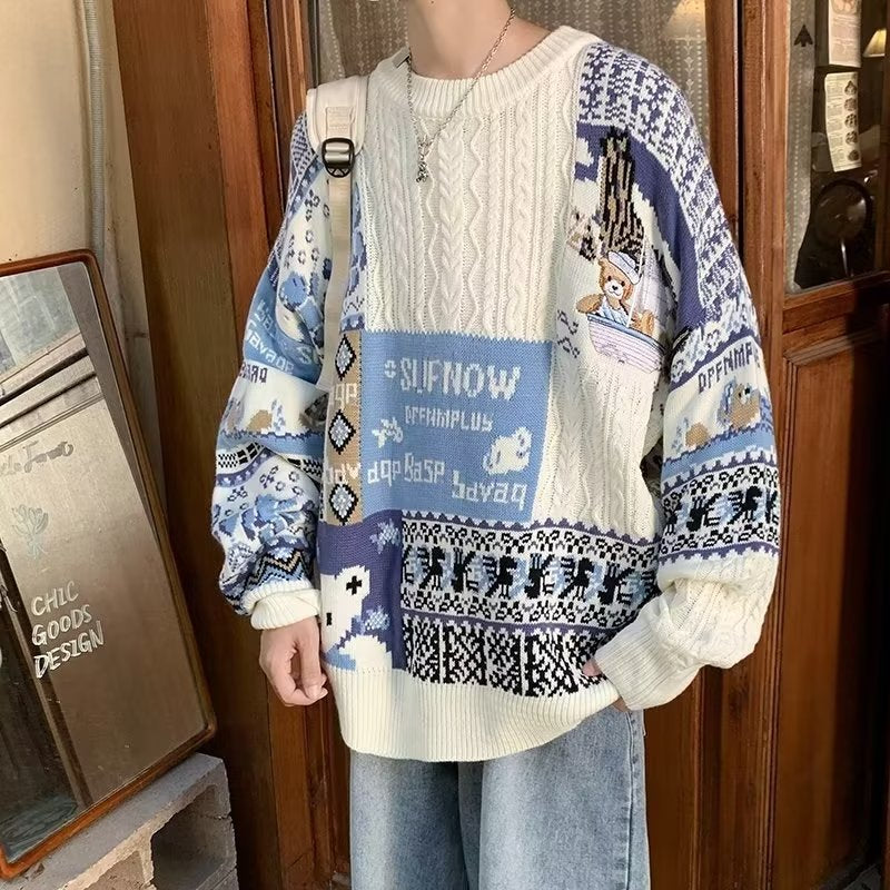 Herren Gemütlicher Grobstrickpullover mit buntem Patchwork Drune