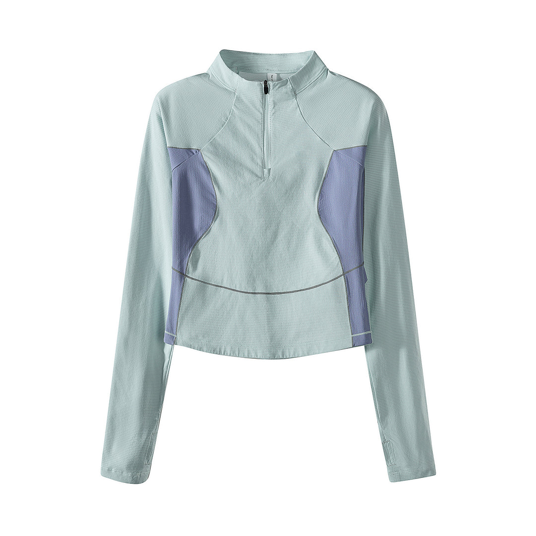 Damen Cropped Halbzip-Trainingsshirt mit Raglanärmeln und Kontrastpaneelen Drune