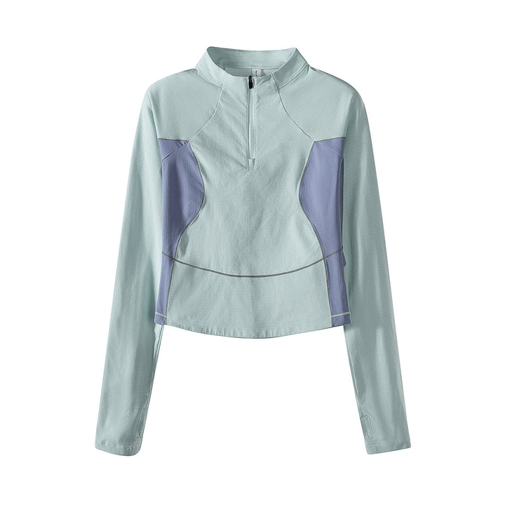 Damen Cropped Halbzip-Trainingsshirt mit Raglanärmeln und Kontrastpaneelen Drune