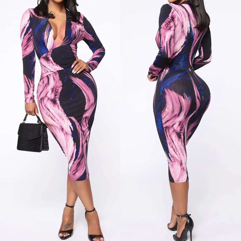 Damen Elegantes Wickelkleid mit tiefem V-Ausschnitt und modischem Muster Drune