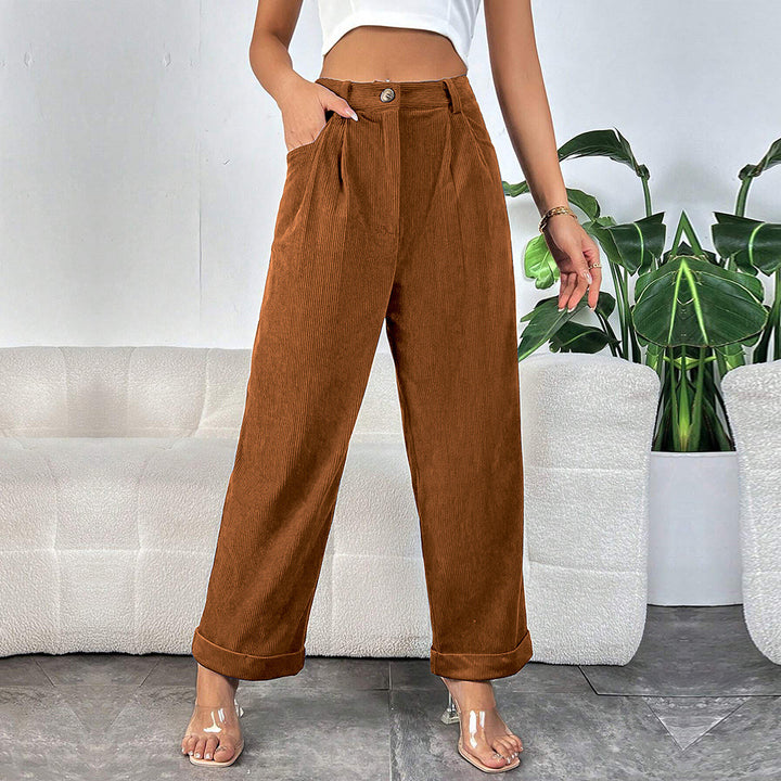 Damen hochgeschnittene Cordhose mit weitem Bein, Bundfalten und umgeschlagenem Saum Drune