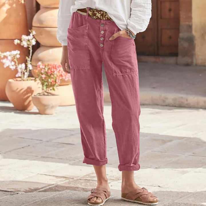 Damen nan Leinen-Baumwoll-Loungehose mit weitem Schnitt, hoher Bund und aufgesetzten Taschen Drune