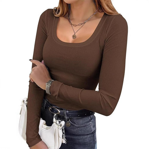 Damen Figurnahes geripptes Longsleeve mit weitem Quadratausschnitt und Stretch-Material Drune