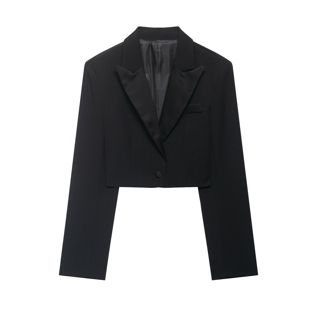 Damen Kurzblazer im Smokingstil mit Satinrevers, taillierter Cropped‑Silhouette Drune