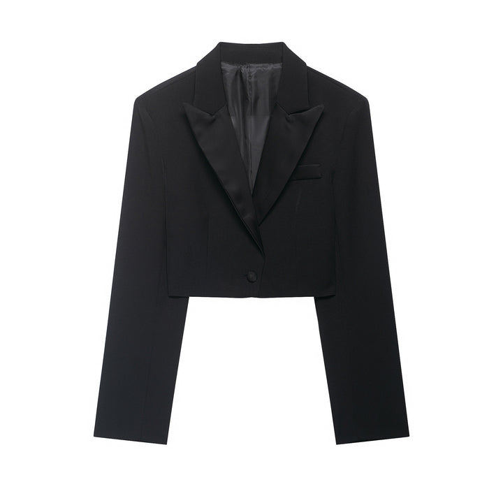Damen Kurzblazer im Smokingstil mit Satinrevers, taillierter Cropped‑Silhouette Drune
