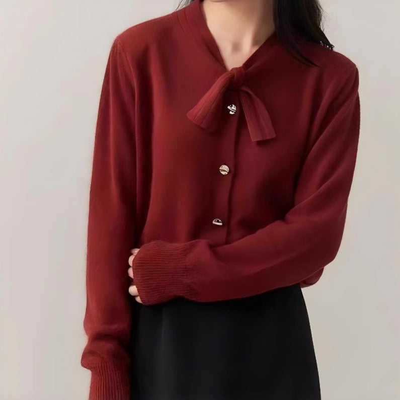 Damen elegante Strickjacke mit Schleifenakzent und hochwertigen Knöpfen Drune