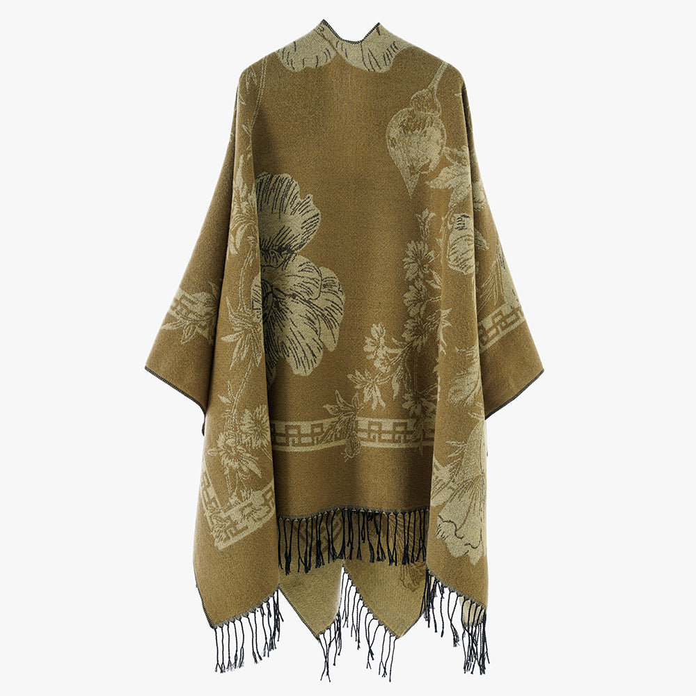 Damen Leichter Jacquard‑Poncho mit floralem Allovermuster, asymmetrischem Zipfelsaum und Fransen Drune