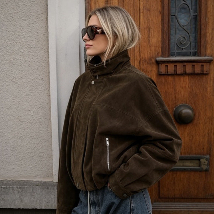 Damen Boxy-Suede-Bomberjacke mit hohem Stehkragen und elastischem Saum Drune