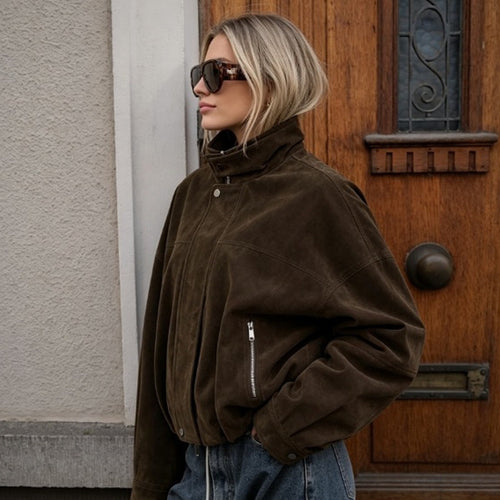 Damen Boxy-Suede-Bomberjacke mit hohem Stehkragen und elastischem Saum Drune