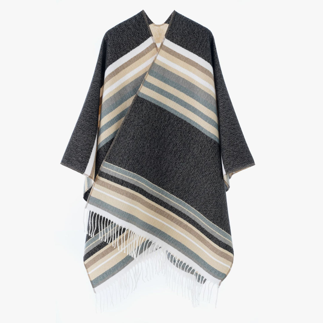 Damen kastiger Capeponcho mit V-Ausschnitt, feinem Fransensaum und gestreifter Webstruktur Drune