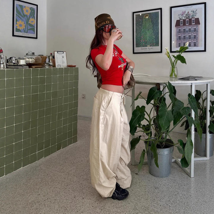 Damen weite stylistische Hose mit dekorativer Taillenbindung und Komfortschnitt Drune