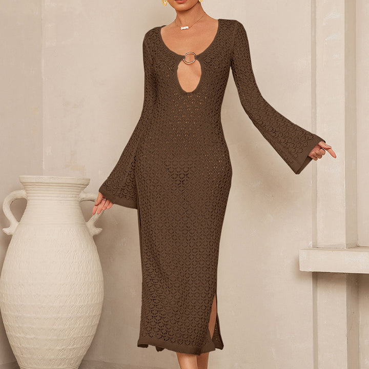 Damen Elegantes Häkelkleid mit tiefem Ausschnitt und weiten Ärmeln Drune