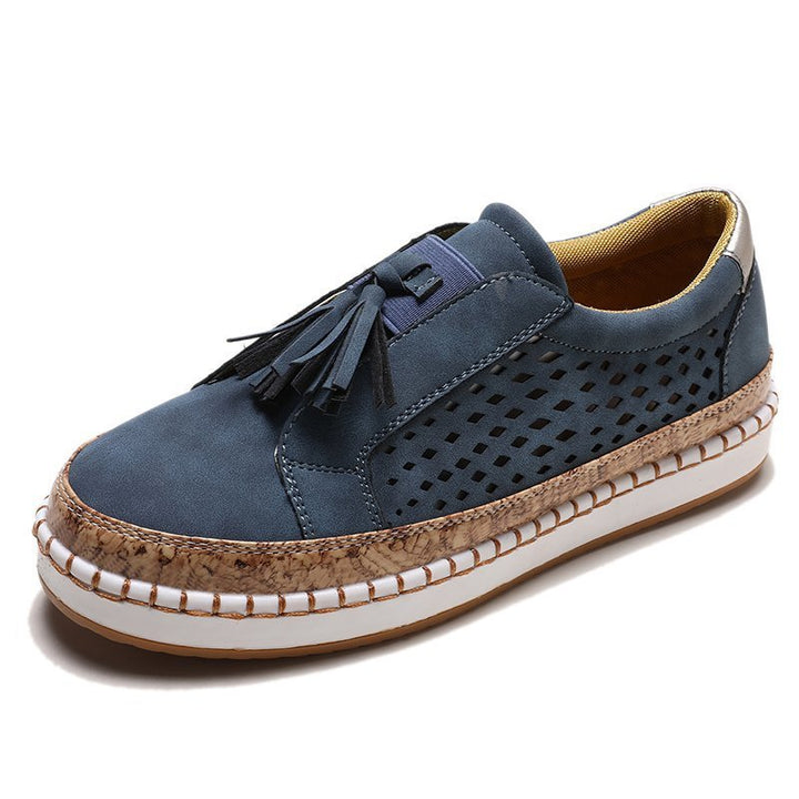 Damen perforierter Tassel-Slip-On Loafer mit Korkoptik-Plateau und gepolstertem Komfortfußbett Drune