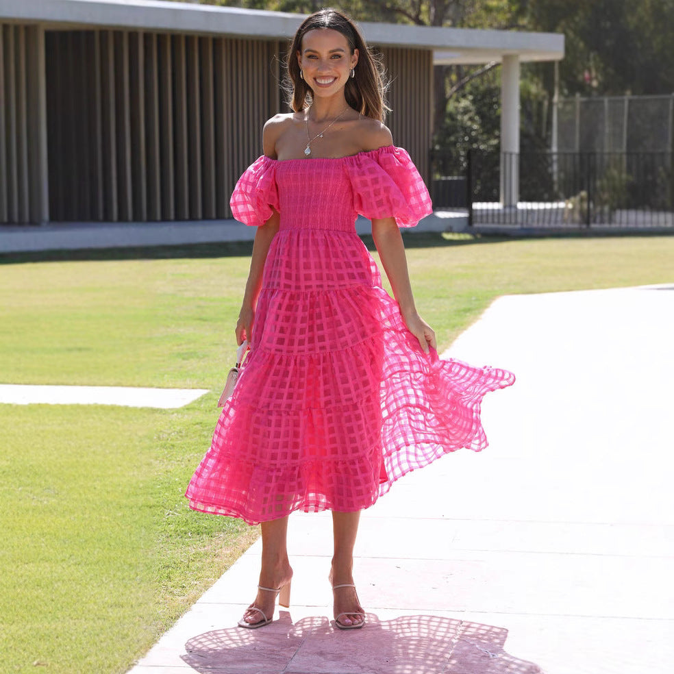 Damen Maxikleid mit luftigen Puffärmeln und gerafftem Oberteil Drune