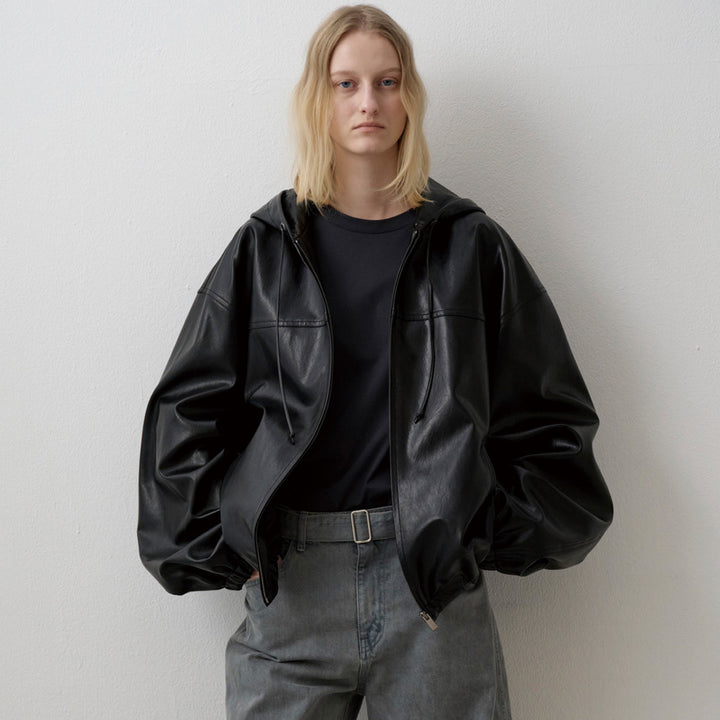 Damen Lässige Kunstlederjacke mit Kapuze Drune