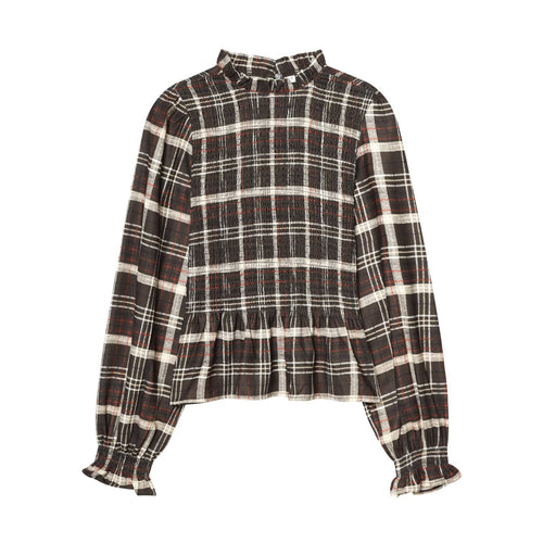 Damen Bluse mit Smok-Detail, Rüschenkragen und Volumenärmeln Drune