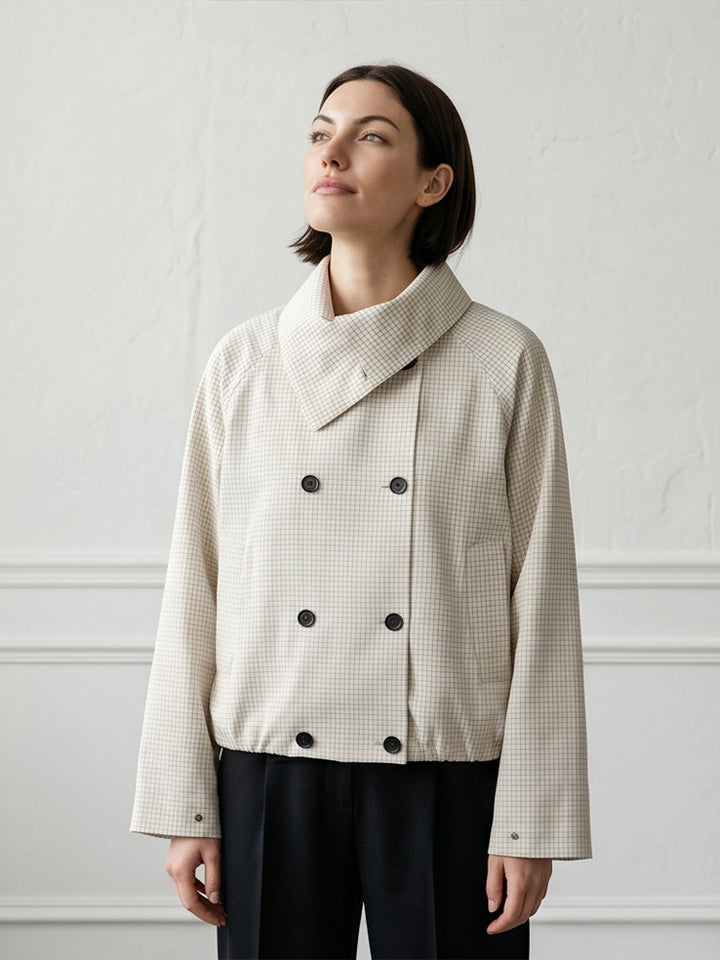 Damen Kurze Doppelreiher-Blousonjacke mit Wickelkragen und Raglanärmeln Drune