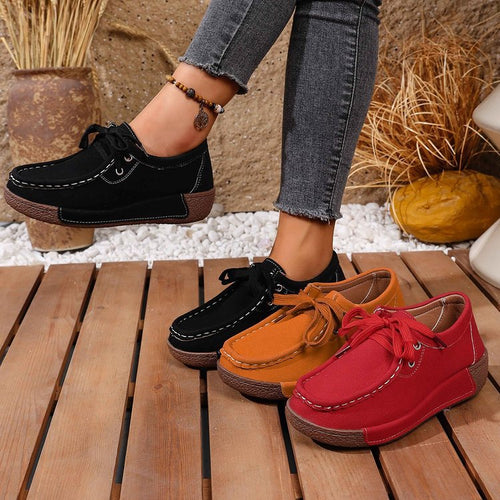 Damen mokassinartige Plateau-Sneaker mit Velourslederoptik, dekorativer Handnaht und stoßdämpfender Profilsohle Drune