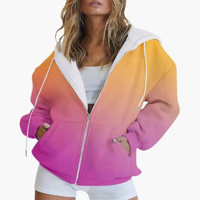 Damen Oversize-Kapuzenjacke mit Farbverlauf, Reißverschluss und Kängurutaschen Drune