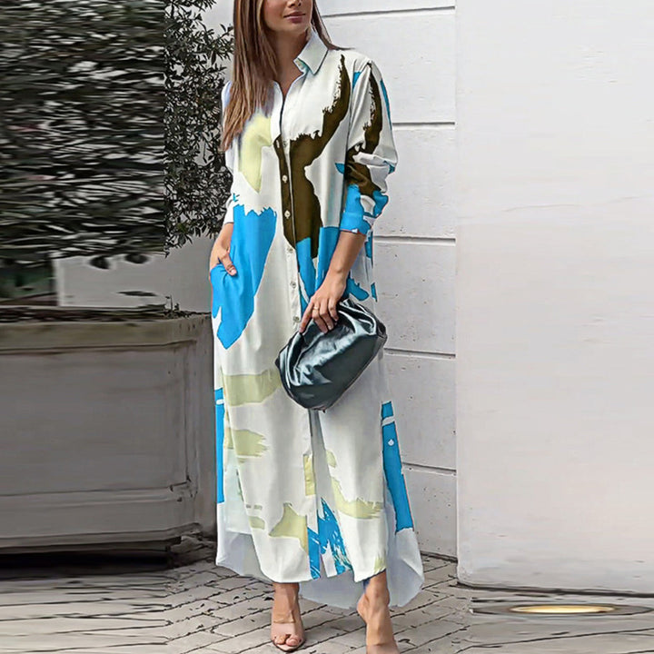 Damen Langes Hemdblusenkleid mit abstraktem Pinselprint und seitlichen Eingrifftaschen Drune