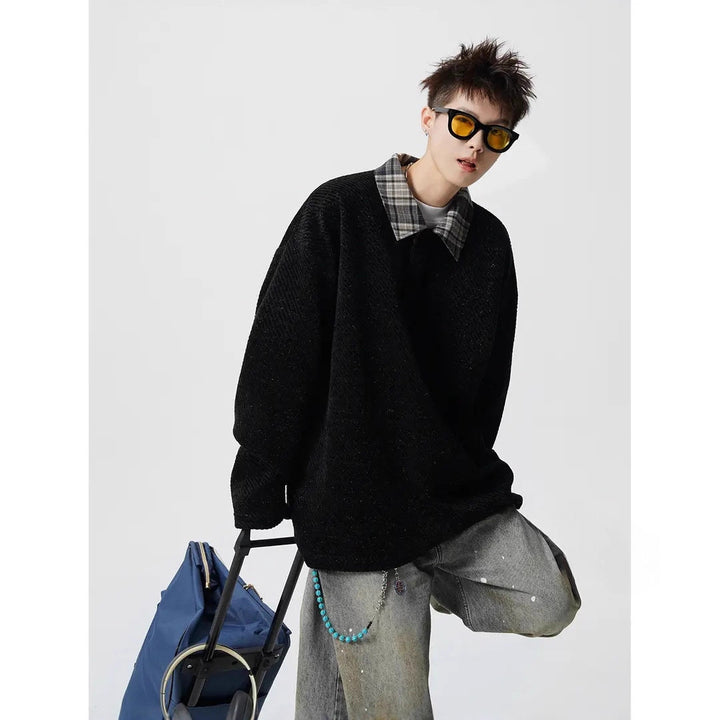 Herren Oversize Strukturiertes Sweatshirt mit Polokragen und diagonaler Strickstruktur Drune
