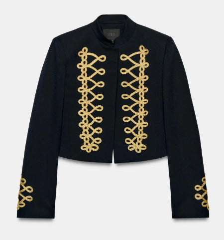Damen Taillierter Cropped Militärblazer mit Stehkragen und goldverzierten Epauletten Drune