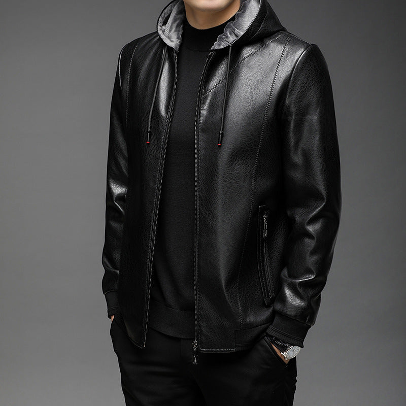Herren Lederimitat-Hoodiejacke mit Kapuze, Reißverschluss und schmaler Silhouette Drune
