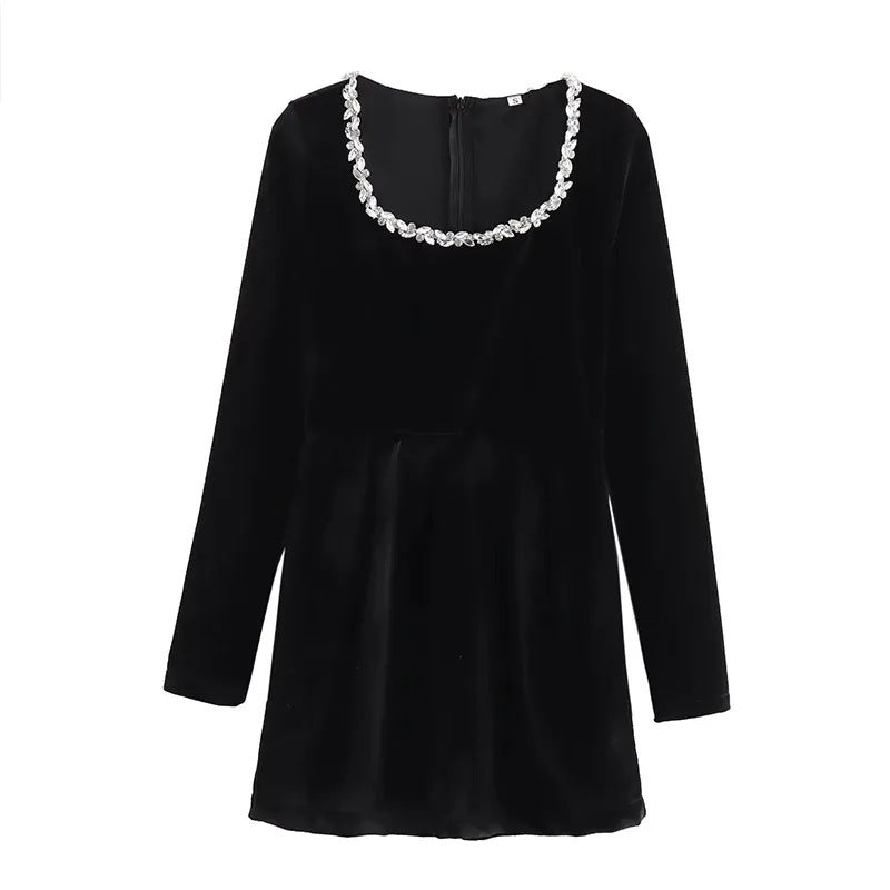 Damen Samt‑Minikleid mit quadratischem Ausschnitt, Perlenblütenbesatz und A‑Linien‑Silhouette Drune