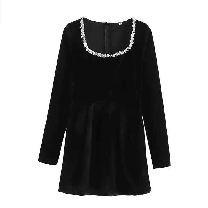 Damen Samt‑Minikleid mit quadratischem Ausschnitt, Perlenblütenbesatz und A‑Linien‑Silhouette Drune