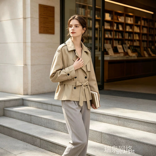 Damen Cropped-Trenchcoat mit Taillengürtel und weitem Ärmel Drune