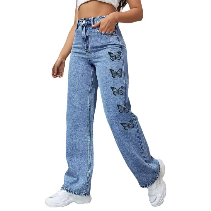 Damen High‑Waist Loose‑Fit Denimhose mit seitlichem Schmetterlingsprint Drune