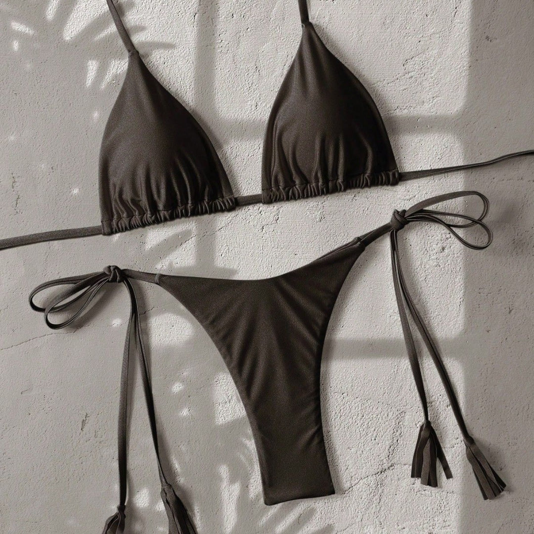 Damen Triangel-Bikini mit seitlichem Bindeband und glänzender Oberfläche Drune