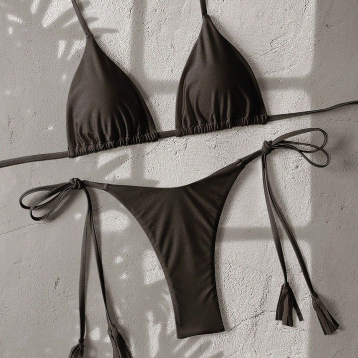 Damen Triangel-Bikini mit seitlichem Bindeband und glänzender Oberfläche Drune