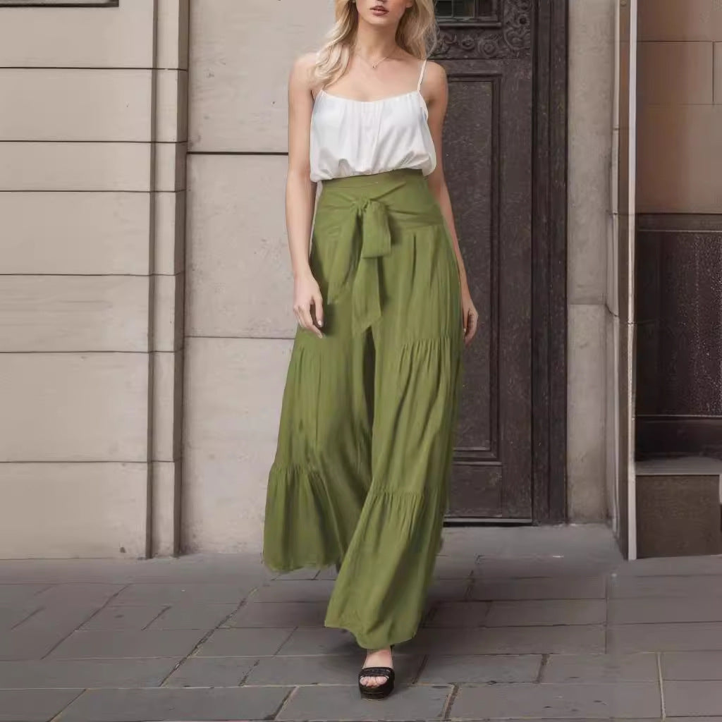 Damen weite High-Waist Hose mit eleganten Falten und Bindegürtel Drune