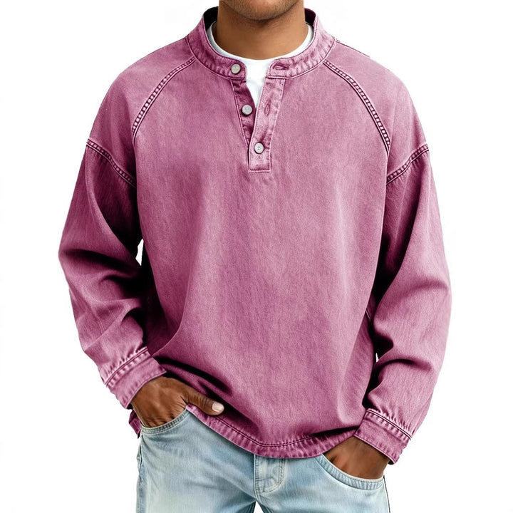 Herren Langarm-Henley Sweatshirt mit Stehkragen und Vintage-Denim-Effekt Drune