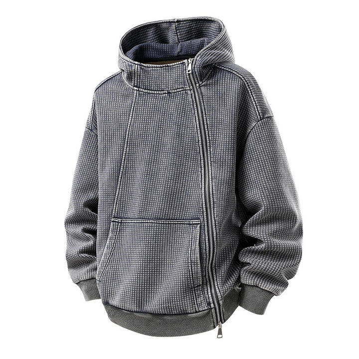 Herren Oversize Waffelstruktur-Kapuzenjacke mit hohem Schlauchkragen und diagonalem Reißverschluss Drune