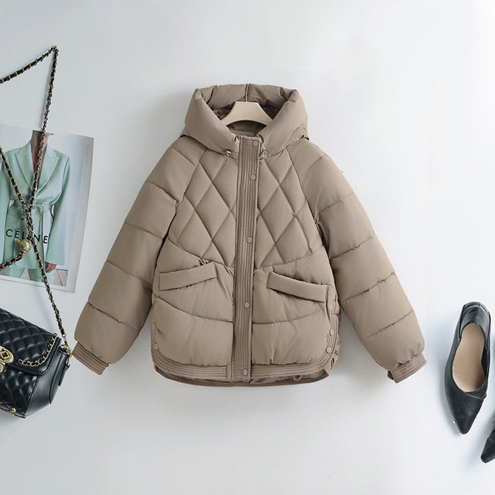 Damen nan gesteppte Kapuzen-Kurzjacke mit Karree-Steppung, geripptem Saum und verdeckter Druckknopfleiste Drune