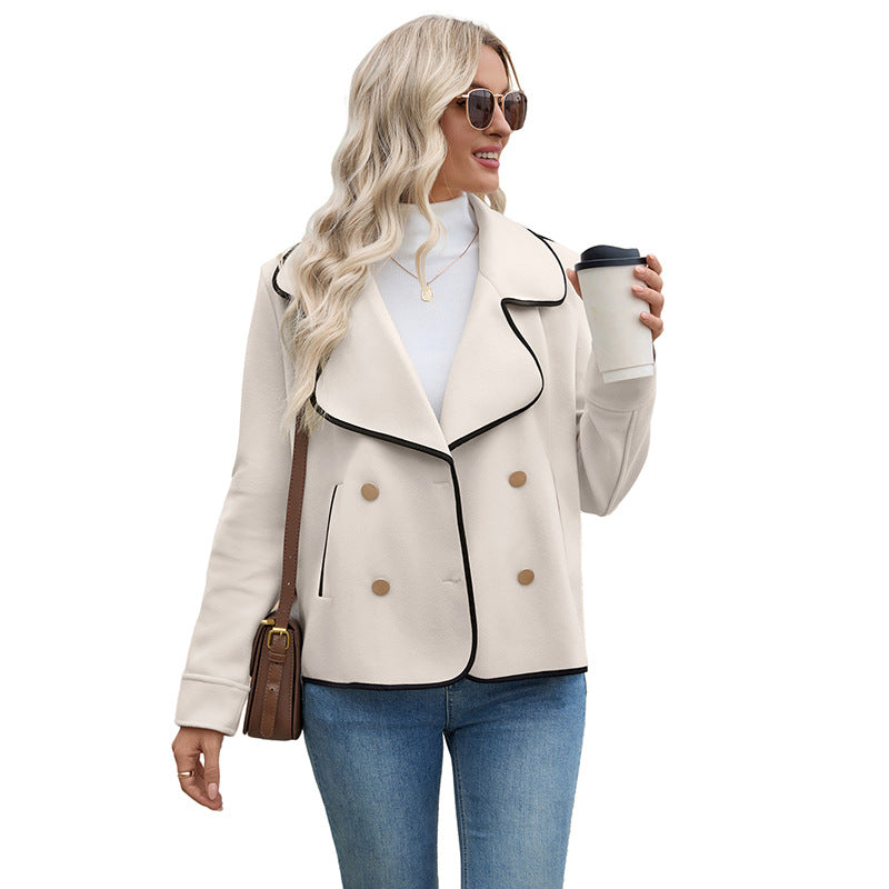 Damen zweireihiger Kurzblazer mit wellenförmigem Revers und Kontrastpaspel Drune